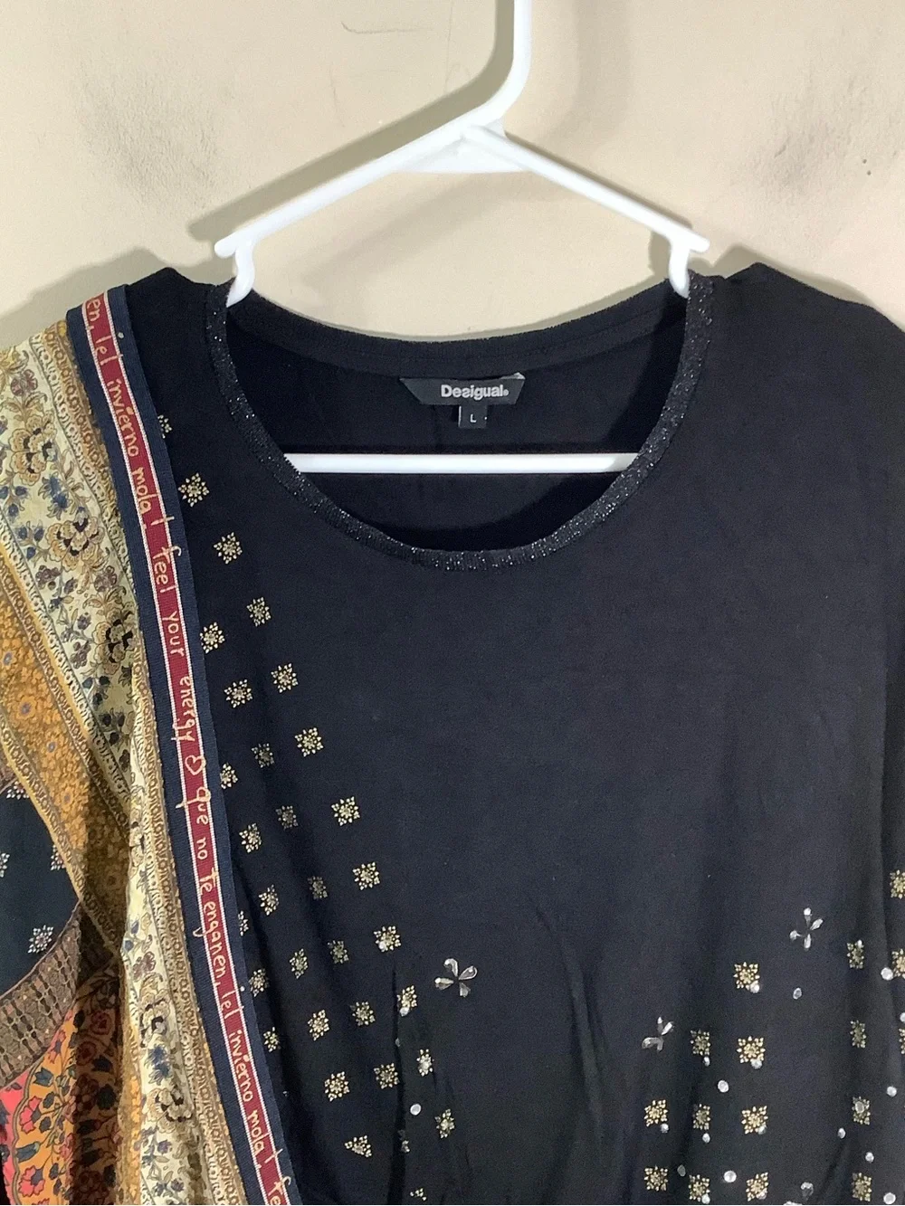 Desigual Black Long-Sleeve Mixed-Print Top with Gold Accents